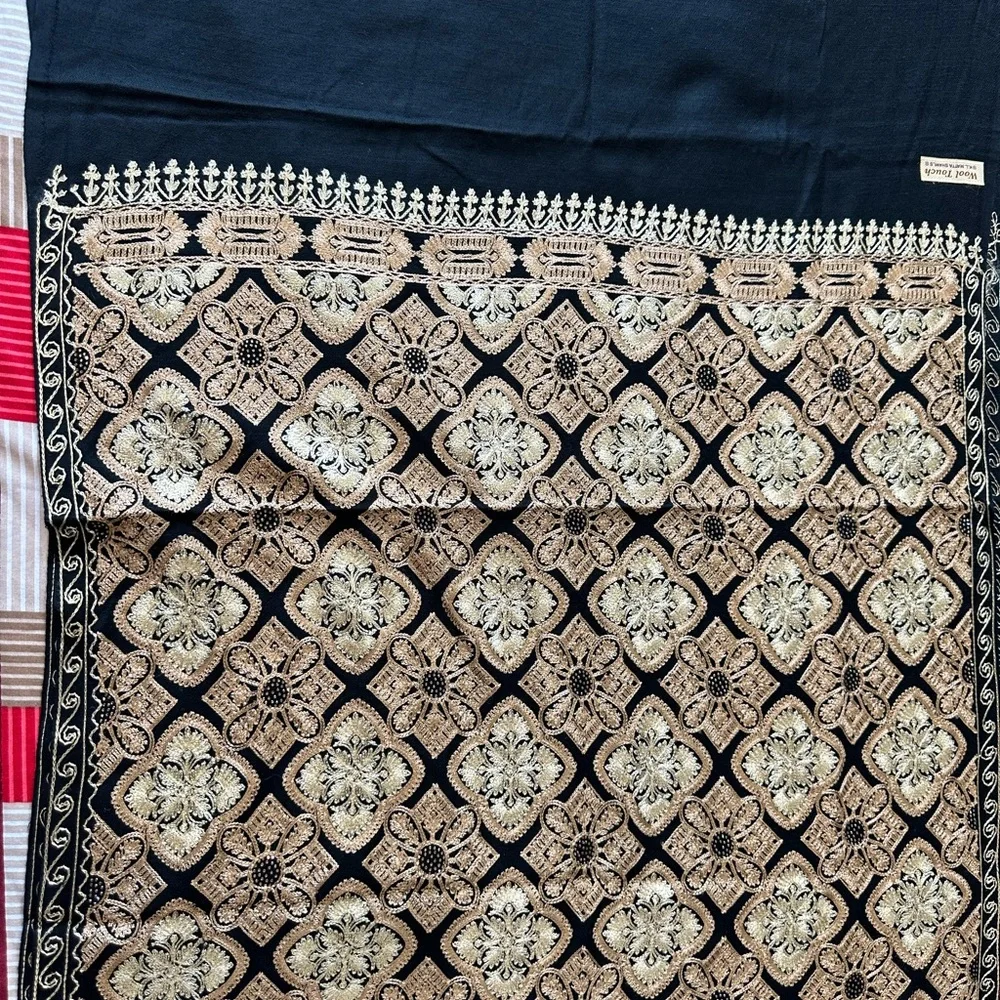 Black Kashmiri Tilla Embroidered Pashmina Shawl | Gold Embroidered Wrap